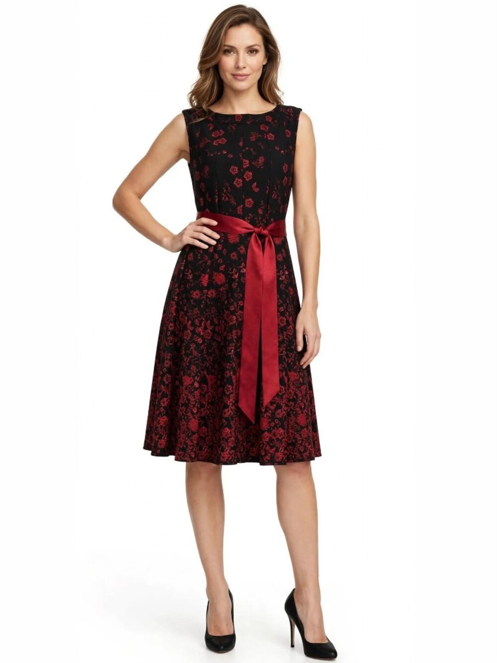 HAANI NY Plush Dress Brocade of Roses with Satin Ribbon Sash Keyhole back